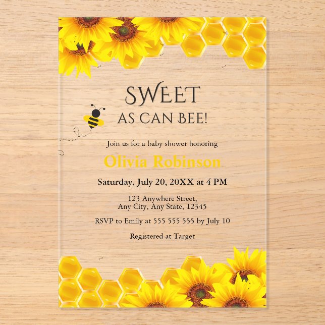 Gelbe Honigwabe Sweet as can Bee Baby Shower Acryleinladungen (Vorderseite)