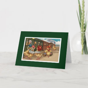 Gelbe Hühner im Zug - Anthropomorphe Kunst Feiertagskarte