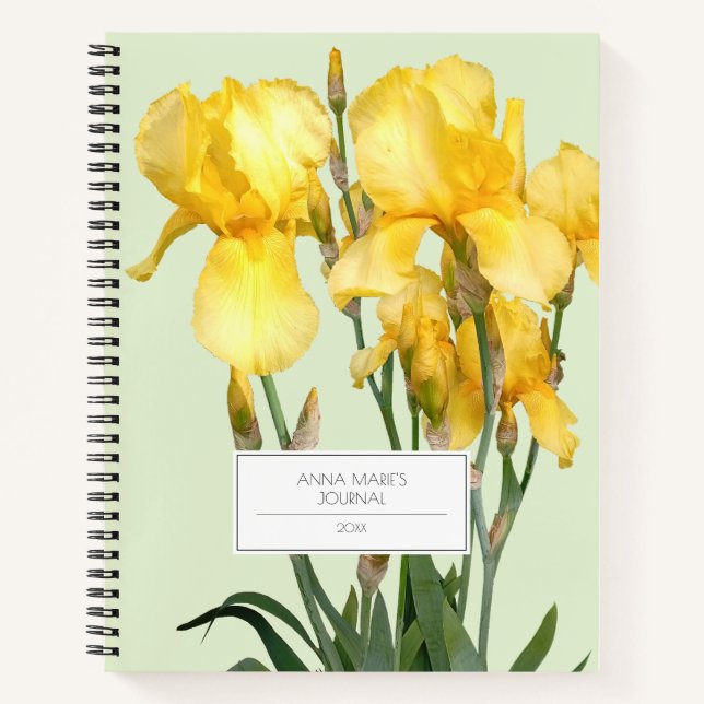 Gelbe Iris Anpassbarer Name Hell Zitronengrün Notizbuch (Vorderseite)