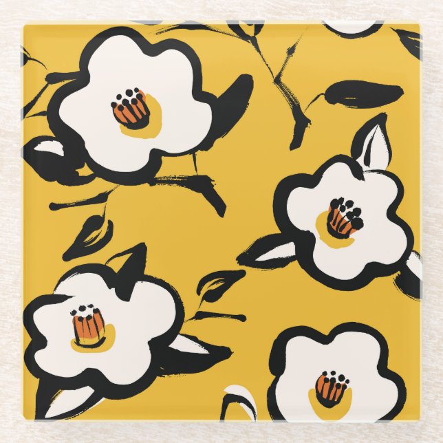 Gelbe Kamelie, skizzenhaft, blumenreich Vintag. Glasuntersetzer (Vorderseite)