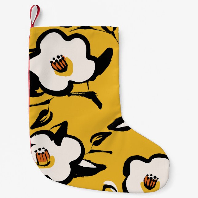 Gelbe Kamelie, skizzenhaft, blumenreich Vintag. Kleiner Weihnachtsstrumpf (Vorderseite)