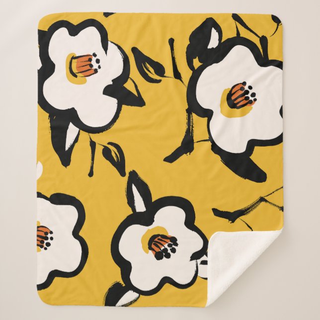 Gelbe Kamelie, skizzenhaft, blumenreich Vintag. Sherpadecke (Vorderseite)