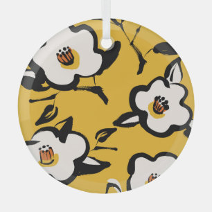 Gelbe Kamelie, skizzenhaftes florales Vintage. Ornament Aus Glas