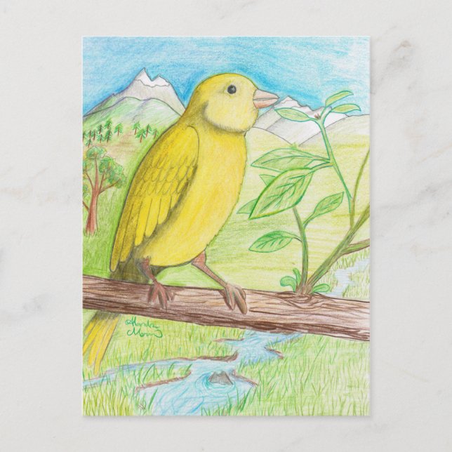 Gelbe Kanarienvogel auf der Wiese Postkarte (Vorderseite)