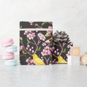 Gelbe Kanarienvögel und Kirschblüten Geschenkpapie Geschenkpapier