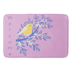Gelbe kanarische Vögel Denim Blue on Pink Badematte