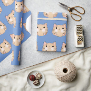 Gelbe Katze auf blauem Kornblumenpapier Geschenkpapier