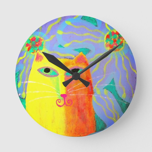 Gelbe Katze mit Blume Abstrakt Art Runde Wanduhr (Vorderseite)