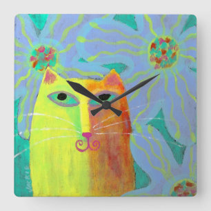 Gelbe Katze mit Blume Abstrakte Art Rundschau Quadratische Wanduhr