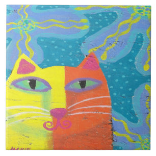 Gelbe Katze mit violetten Blumen Abstrakte Malerei Fliese