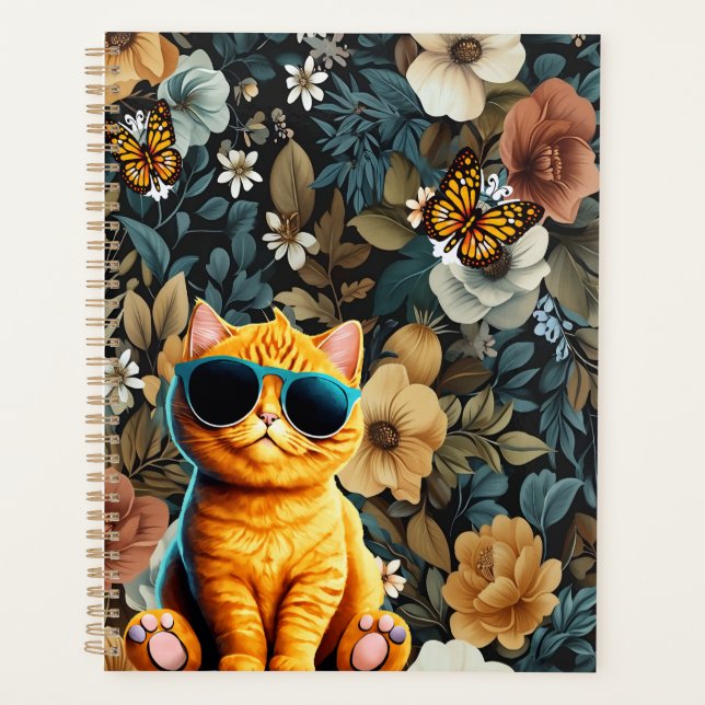Gelbe Katze und Schmetterlinge im Blumenhintergrun Planer (Vorderseite)