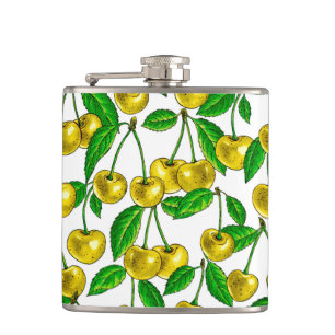 Gelbe Kirschen auf Weiß Flachmann