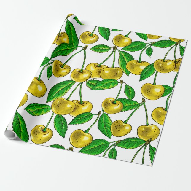 Gelbe Kirschen auf Weiß Geschenkpapier (Ungerollt)