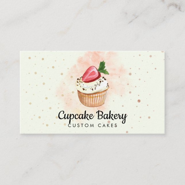 Gelbe Konditorei Wasserfarbe Erdbeere Cupcake Visitenkarte (Vorderseite)
