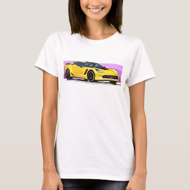 Gelbe Korvette der Serie C7 Sportscar mit rosa Str T-Shirt (Vorderseite)