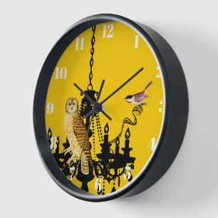 Gelbe Kronleuchter-Meisen-Eulen-Uhr Personalisiert Wanduhr