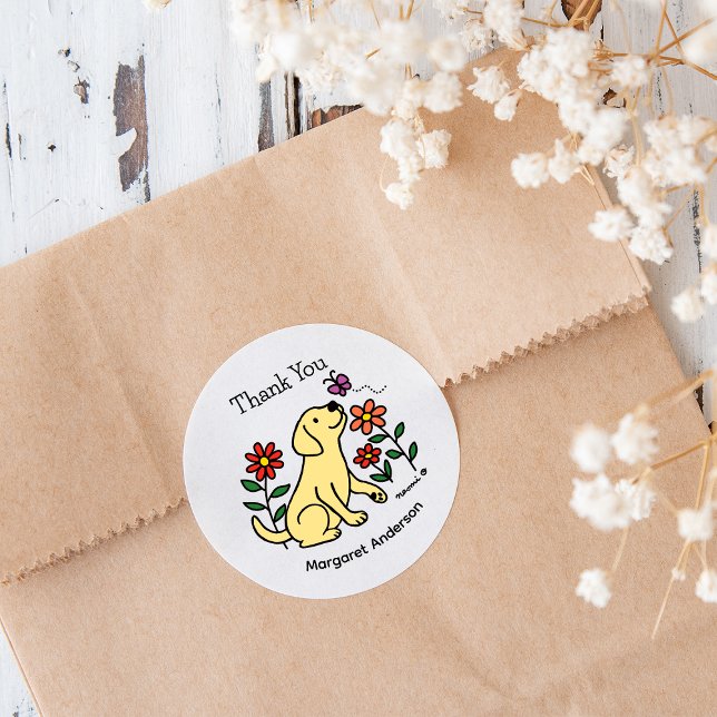 Gelbe Labrador-Blume-Cartoon Runder Aufkleber (Yellow Labrador Flowers Stickers for Labrador Owners.  Cute dog cartoon design.  Personalized.)