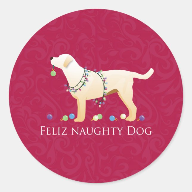 Gelbe Labrador Christmas Feliz Naughty Dog Runder Aufkleber (Vorderseite)