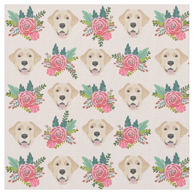 Gelbe Labrador Hund Rosa Blüten Stoff (Nahaufnahme)