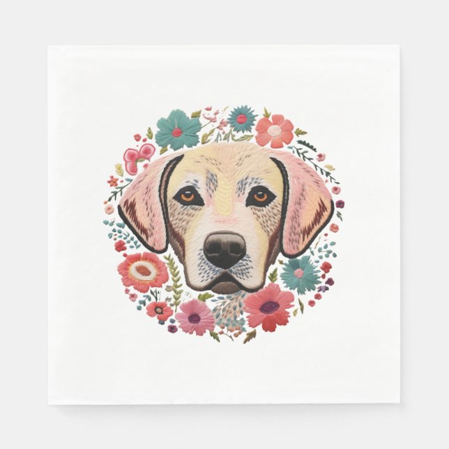Gelbe Labrador Labrador mit Blume Blumenstickerei Serviette (Vorderseite)