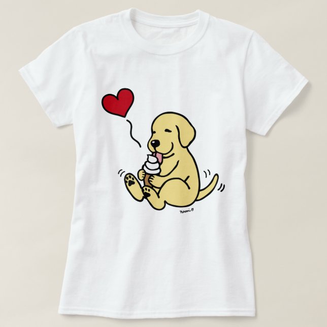 gelbe Labrador lecken Eiscreme mit rotem Herzen T-Shirt (Design vorne)