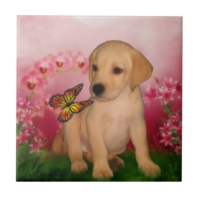 Gelbe Labrador Puppy Butterflies Hund Fliese (Vorderseite)