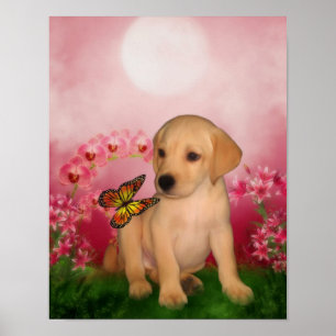 Gelbe Labrador Puppy Butterfly Lily Blume Hund Art Poster