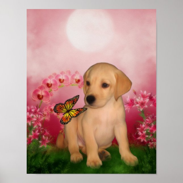 Gelbe Labrador Puppy Butterfly Lily Blume Hund Art Poster (Vorne)