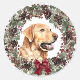 Gelbe Labrador Red Bow Pinecone Kranz Weihnachten Runder Aufkleber
