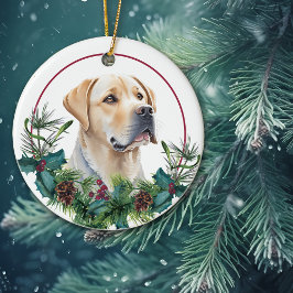 Gelbe Labrador Retriever Evergreen Berry Wreath Keramik Ornament