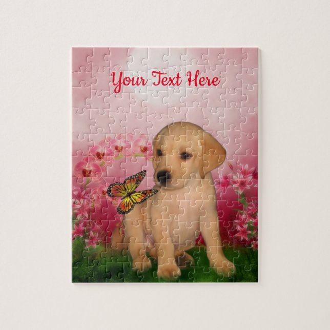 gelbe Labrador Welpe Butterfly Blume Personalisier Puzzle (Vertikal)