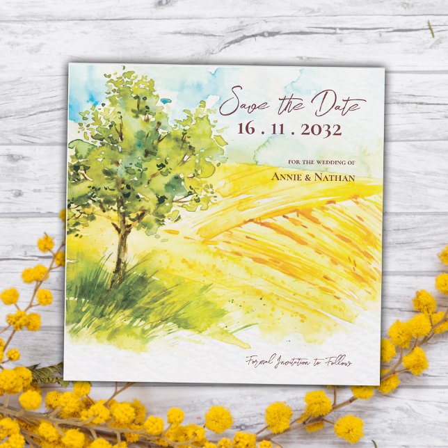 Gelbe Landschaft auf dem Bauernhof Hochzeit retten Magnetkarte (Yellow Farmland Landscape Wedding Save the Date)