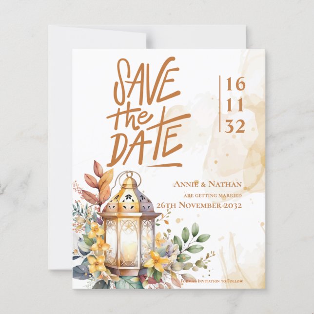 Gelbe Laternenblume Save the Date Hochzeit im Herb (Vorderseite)