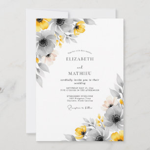 Gelbe lebendige botanische Hochzeit in Grau Einladung