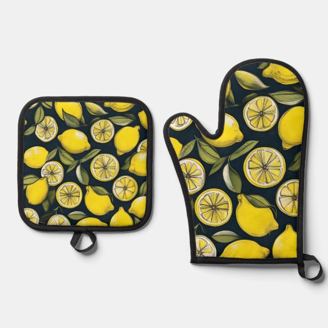 Gelbe Lemon Print Ofenhandschuh & Topflappen-Set (Vorderseite)