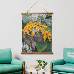 Gelbe Leopard Plant Blumen und Hortensien-Blüten Wandteppich Mit Holzrahmen