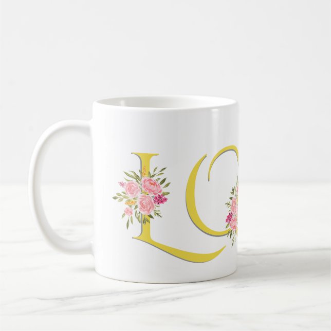Gelbe LIEBE, rötlich-rosa Rosen Valentinstag Kaffeetasse (Links)