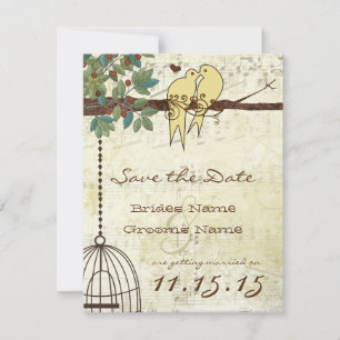 Gelbe Liebesvögel, die Save the Date in einem Baum Einladung