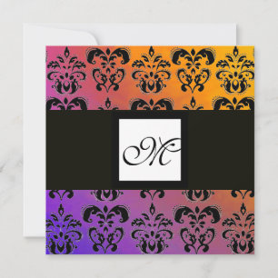 GELBE LILA BLUE BLACK SQUARE DAMASK MONOGRAM EINLADUNG