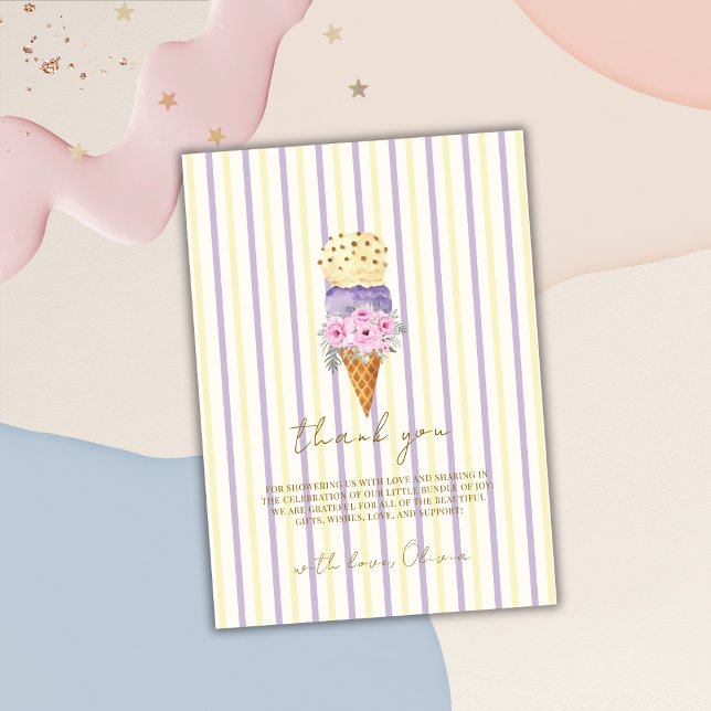 Gelbe Lila Blütenschaufel Eiscreme Babydusche Dankeskarte (Yellow Purple Floral Scoop Ice Cream Baby Shower Thank You Card)