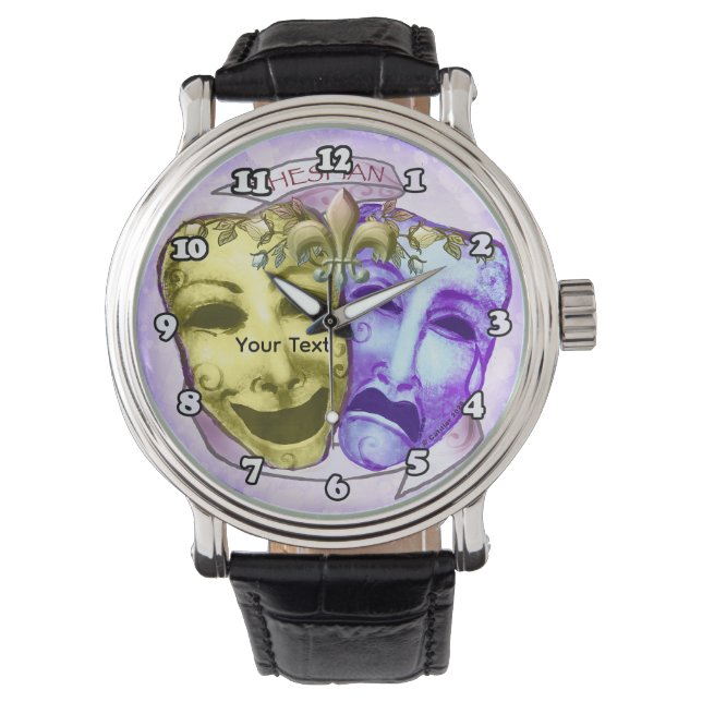 Gelbe Lila Schauspielermasken Armbanduhr (Vorderseite)
