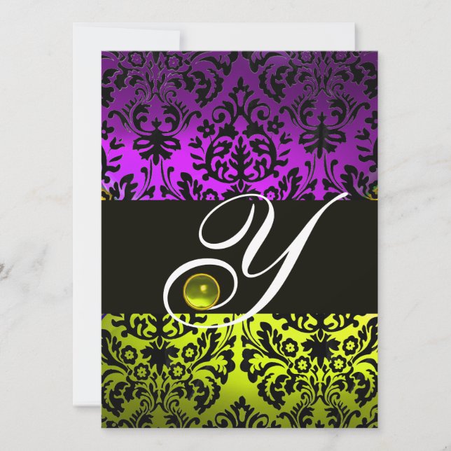 GELBE LILA SCHWARZE DAMASK MONOGRAM TOPAZ EINLADUNG (Vorderseite)