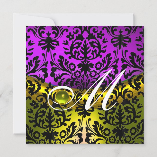 GELBE LILA SCHWARZE DAMASK MONOGRAM TOPAZ EINLADUNG (Vorderseite)