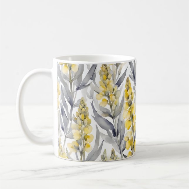 Gelbe Lupin-Blume Aquarellfarben-Blumendesign Kaffeetasse (Links)