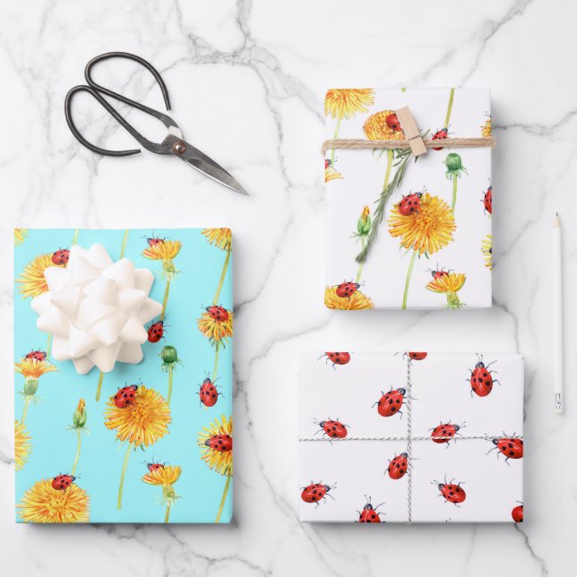 Gelbe Lüster und rote Ladybugs Geschenkpapier Set (Vorderseite)