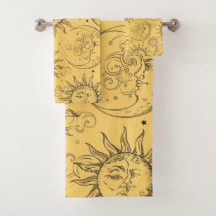 Gelbe Magie Vintage Himmels-Sonne Mond Sterne Badhandtuch Set