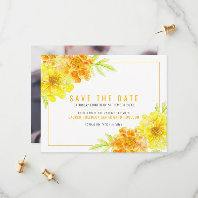 Gelbe Marigold Blumenfarbe Foto Save The Date (Vorderseite/Rückseite Beispiel)