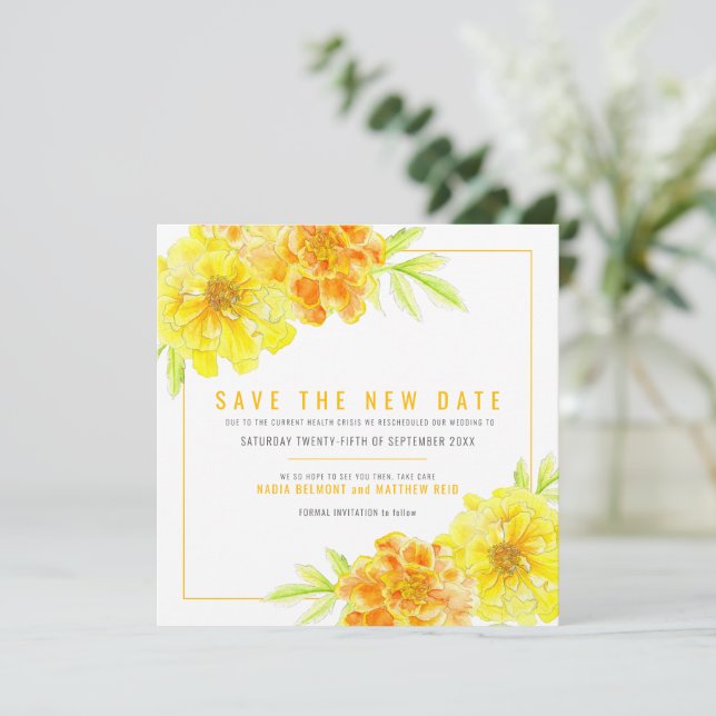 Gelbe Marigold rette das neue Datum Hochzeit Save The Date (Stehend Vorderseite)