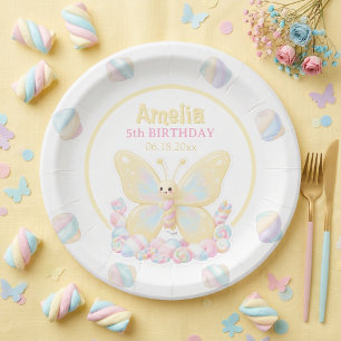 Gelbe Marshmallow-Schmetterlings-Kindergeburtstags Pappteller