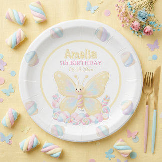 Gelbe Marshmallow-Schmetterlings-Kindergeburtstags Pappteller